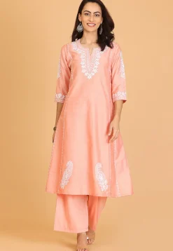 Embroidered Cotton Silk A Line Kurta Set in Peach