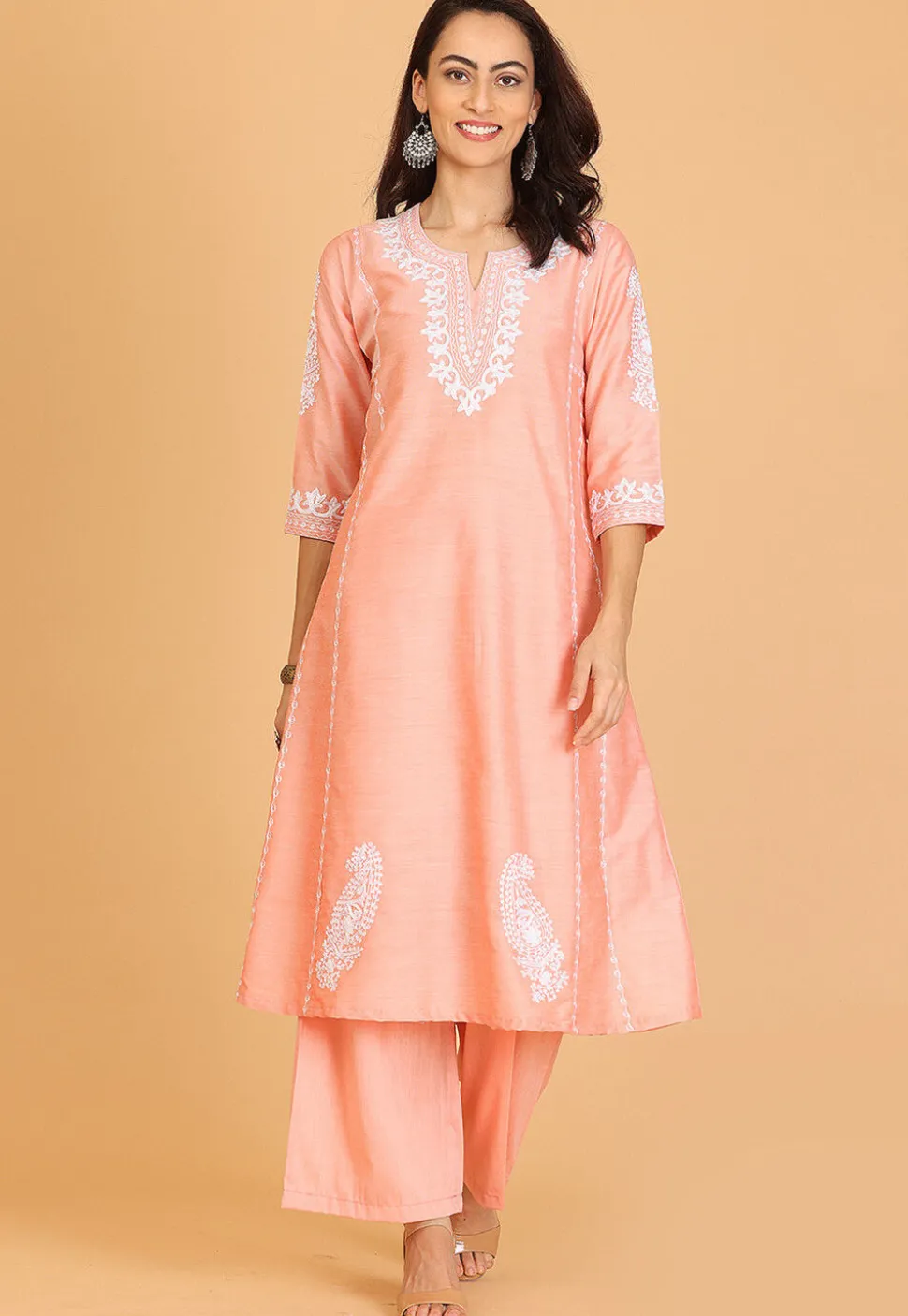 Embroidered Cotton Silk A Line Kurta Set in Peach