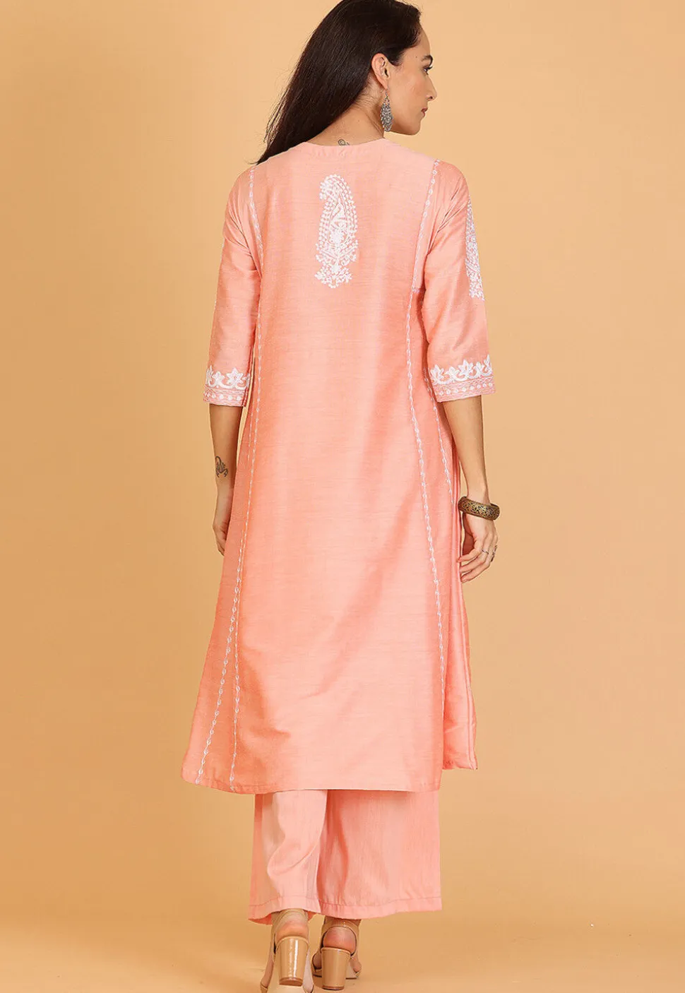 Embroidered Cotton Silk A Line Kurta Set in Peach