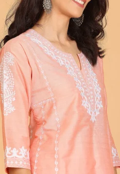 Embroidered Cotton Silk A Line Kurta Set in Peach