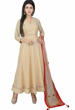 Embroidered Cotton Silk Anarkali Suits in Beige