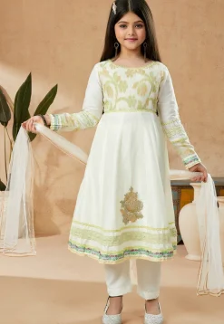 Embroidered Cotton Silk Anarkali Suit in Off White