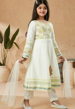 Embroidered Cotton Silk Anarkali Suit in Off White