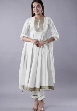 Embroidered Cotton Silk Aline Suit in White