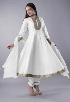 Embroidered Cotton Silk Aline Suit in White