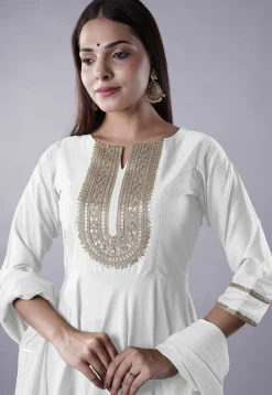 Embroidered Cotton Silk Aline Suit in White