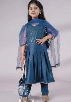 Embroidered Cotton Silk A Line Suit in Teal Blue