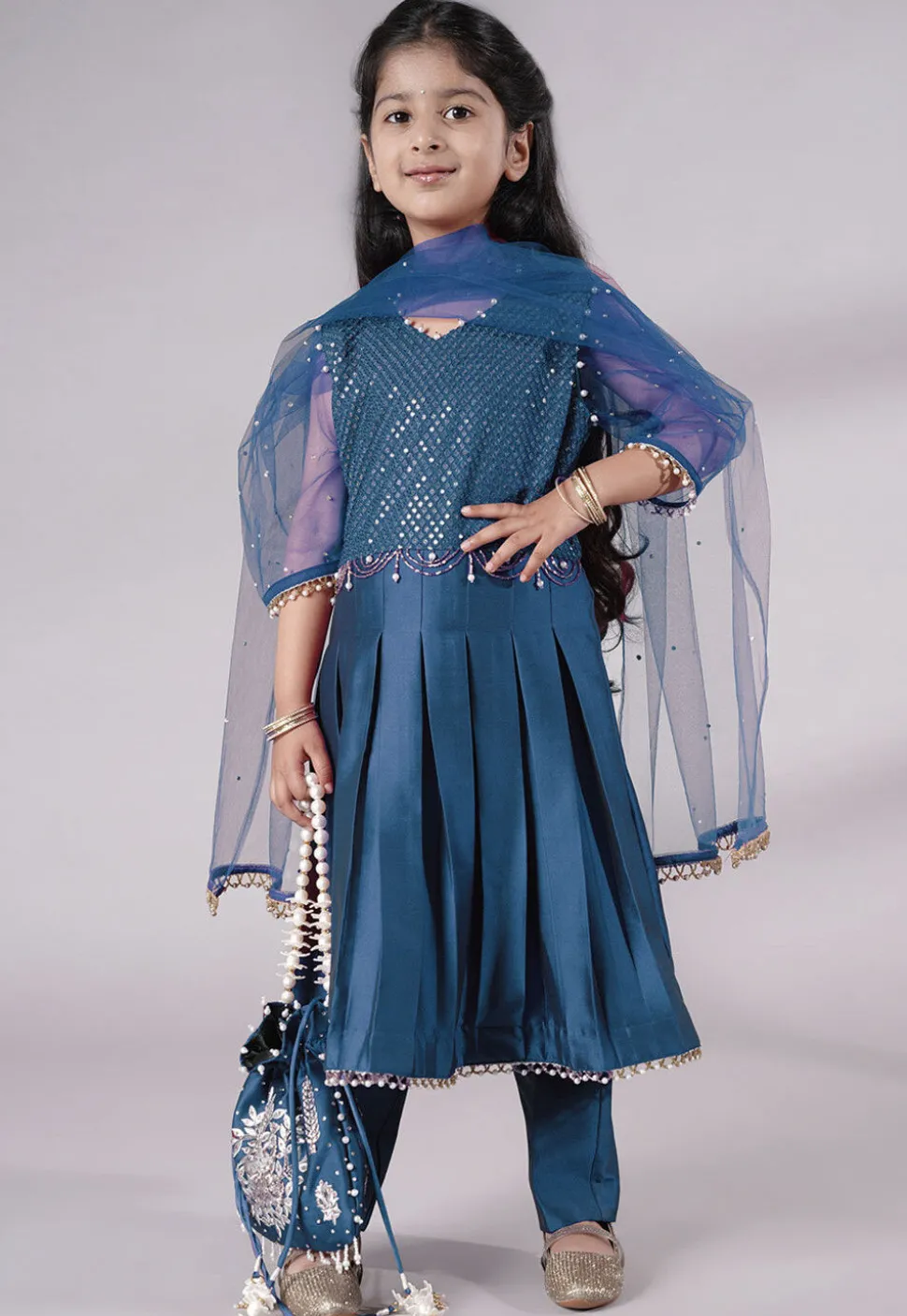 Embroidered Cotton Silk A Line Suit in Teal Blue
