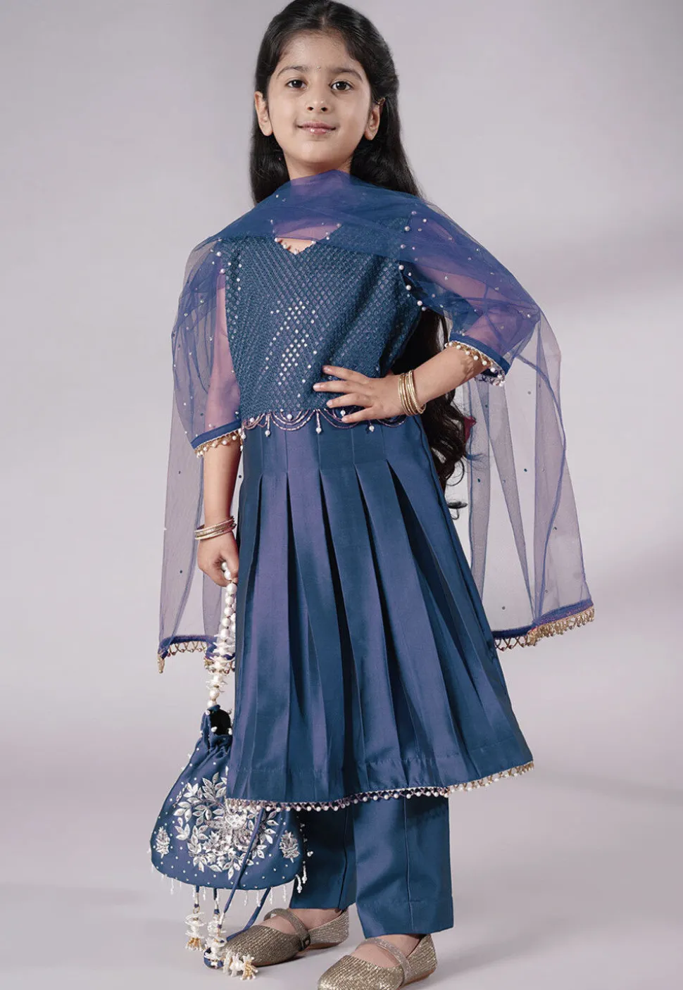 Embroidered Cotton Silk A Line Suit in Teal Blue