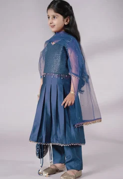 Embroidered Cotton Silk A Line Suit in Teal Blue