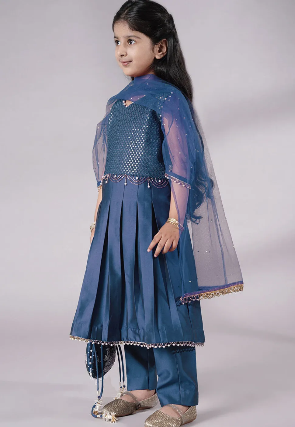 Embroidered Cotton Silk A Line Suit in Teal Blue