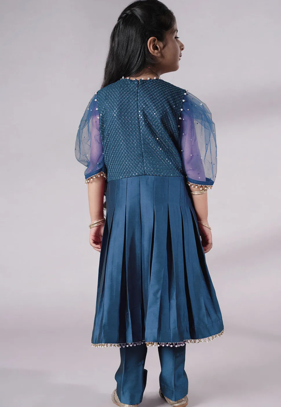 Embroidered Cotton Silk A Line Suit in Teal Blue