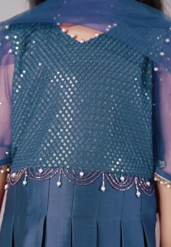 Embroidered Cotton Silk A Line Suit in Teal Blue