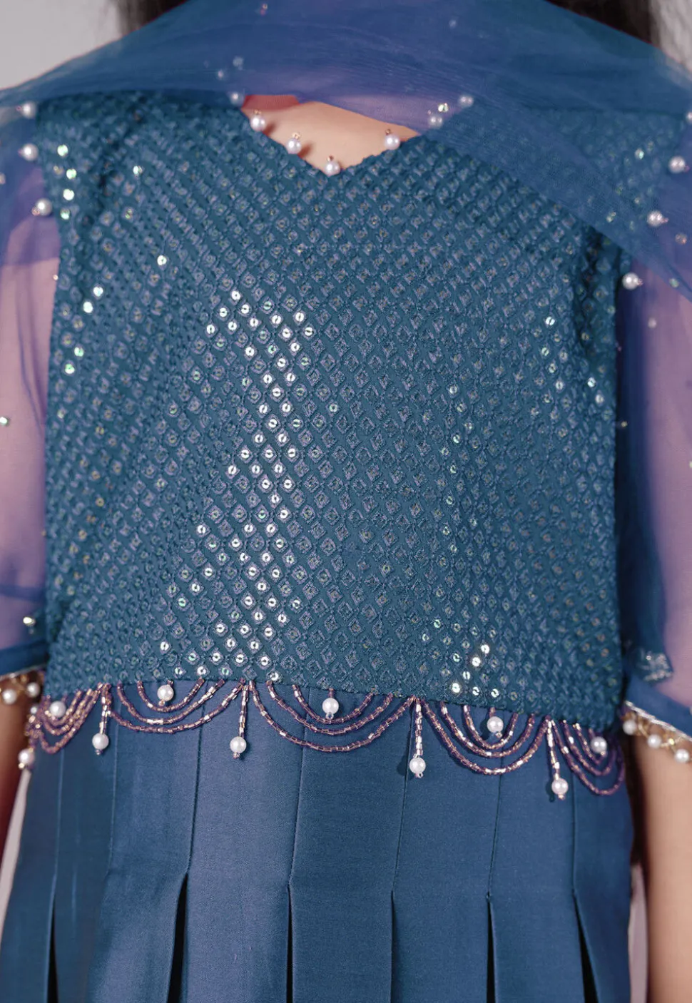 Embroidered Cotton Silk A Line Suit in Teal Blue