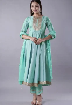 Embroidered Cotton Silk Aline Suit in Sky Blue