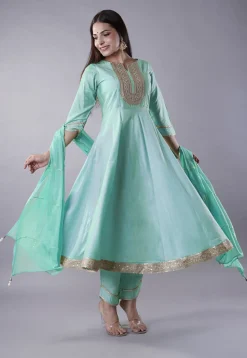 Embroidered Cotton Silk Aline Suit in Sky Blue