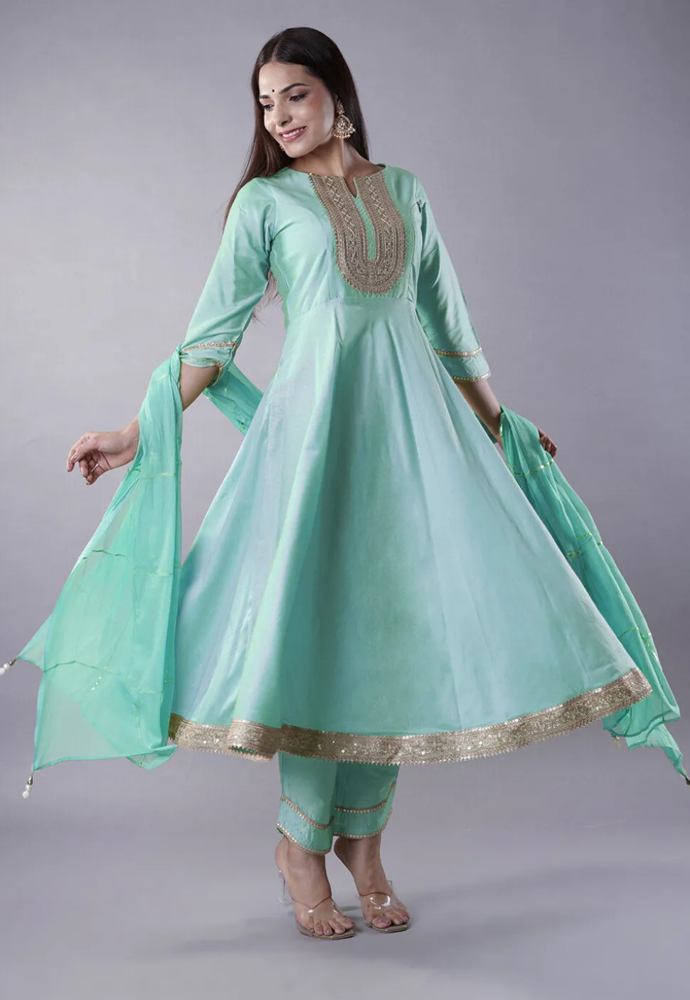 Embroidered Cotton Silk Aline Suit in Sky Blue