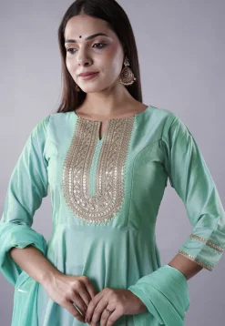 Embroidered Cotton Silk Aline Suit in Sky Blue