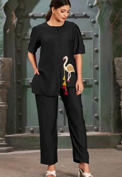 Embroidered Cotton Silk Asymmetric Top Set in Black