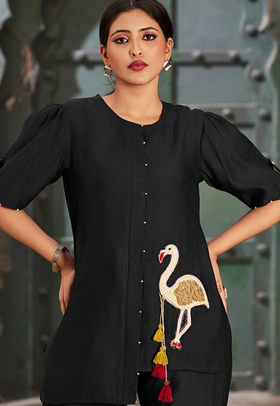 Embroidered Cotton Silk Asymmetric Top Set in Black