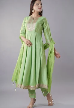 Embroidered Cotton Silk Anarkali Suit in Parrot Green