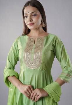 Embroidered Cotton Silk Anarkali Suit in Parrot Green