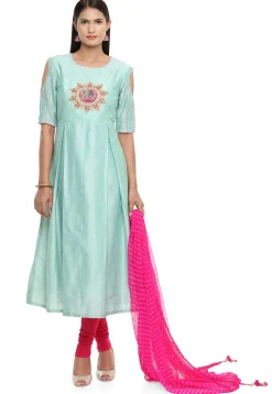 Embroidered Cotton Silk A Line Suit in Turquoise