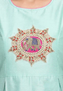 Embroidered Cotton Silk A Line Suit in Turquoise