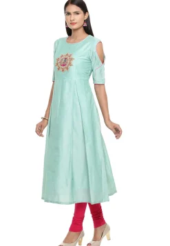 Embroidered Cotton Silk A Line Suit in Turquoise