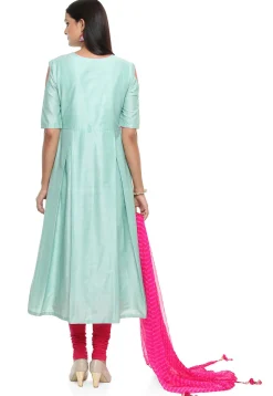 Embroidered Cotton Silk A Line Suit in Turquoise