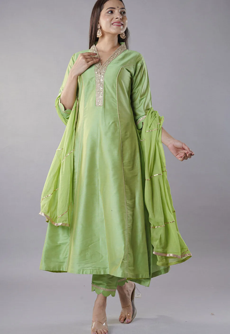 Embroidered Cotton Silk Aline Suit in Green