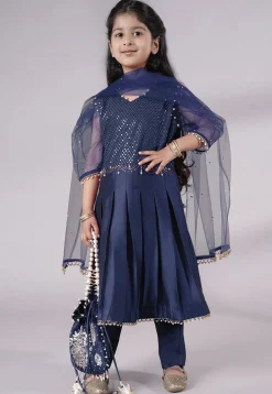 Embroidered Cotton Silk A Line Suit in Navy Blue