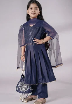 Embroidered Cotton Silk A Line Suit in Navy Blue