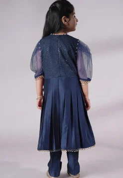 Embroidered Cotton Silk A Line Suit in Navy Blue
