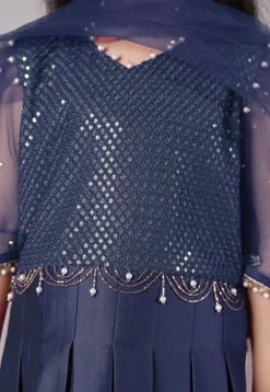 Embroidered Cotton Silk A Line Suit in Navy Blue