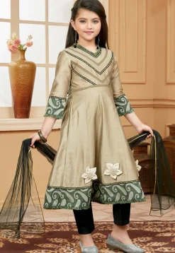 Embroidered Cotton Silk Anarkali Suit in Beige