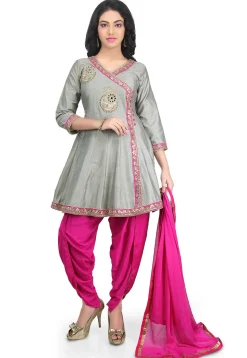 Embroidered Cotton Silk Angrakha Style Suit in Grey