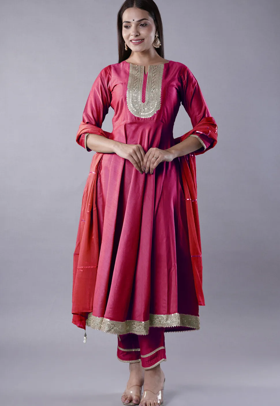 Embroidered Cotton Silk Aline Suit in Pink