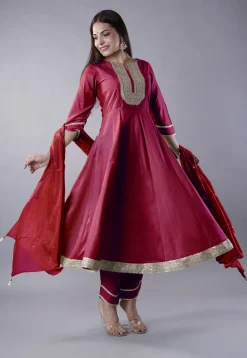 Embroidered Cotton Silk Aline Suit in Pink