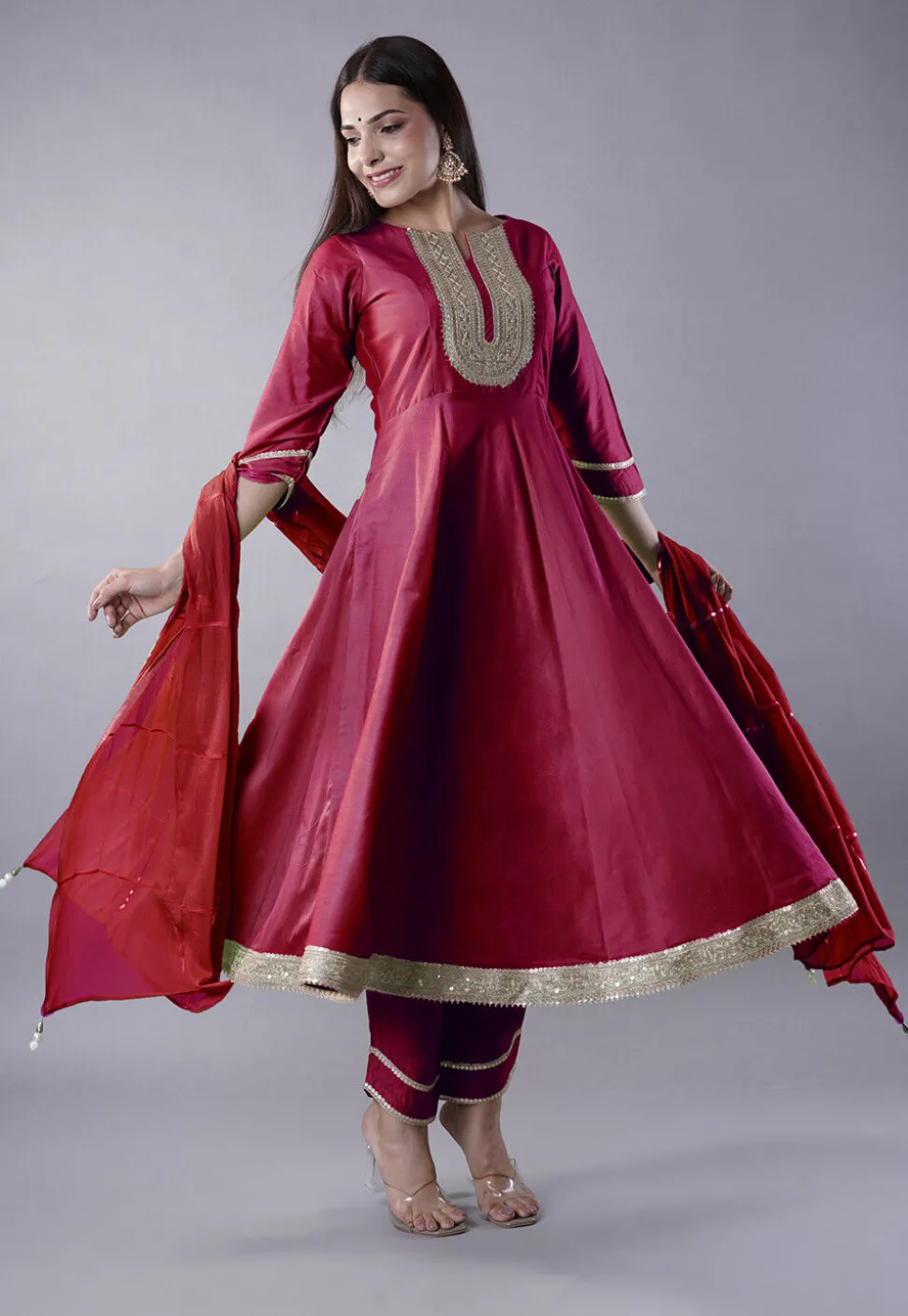 Embroidered Cotton Silk Aline Suit in Pink