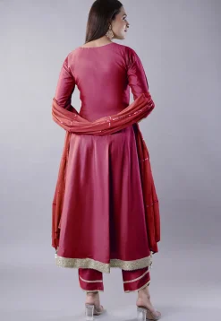 Embroidered Cotton Silk Aline Suit in Pink