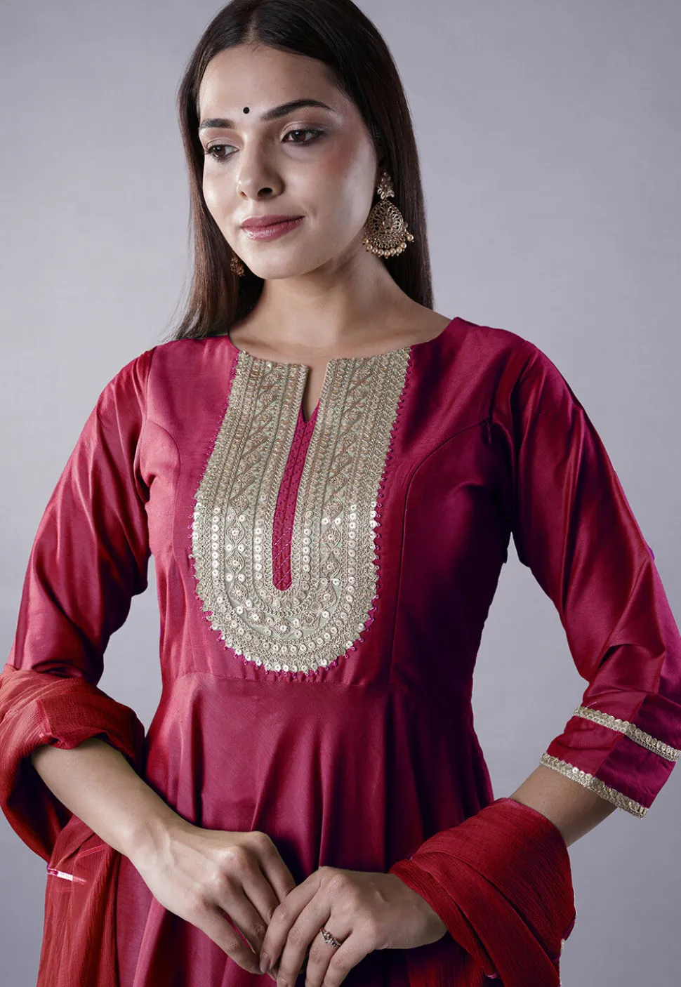 Embroidered Cotton Silk Aline Suit in Pink