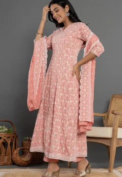Embroidered Cotton Silk Anarkali Suit in Peach
