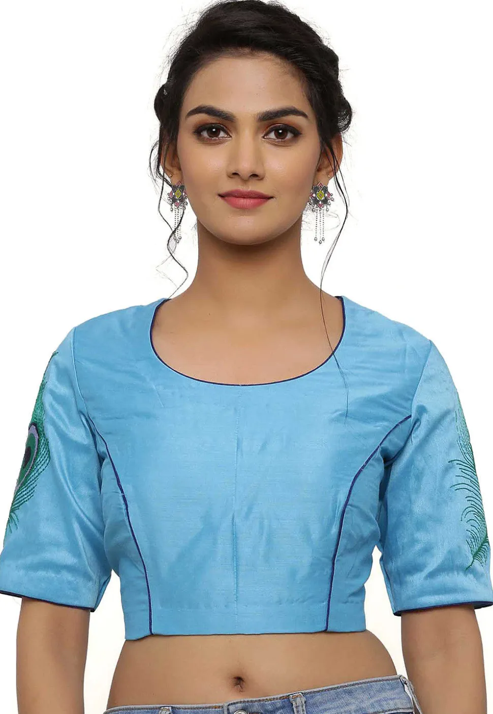 Embroidered Cotton Silk Blouse in Light Blue
