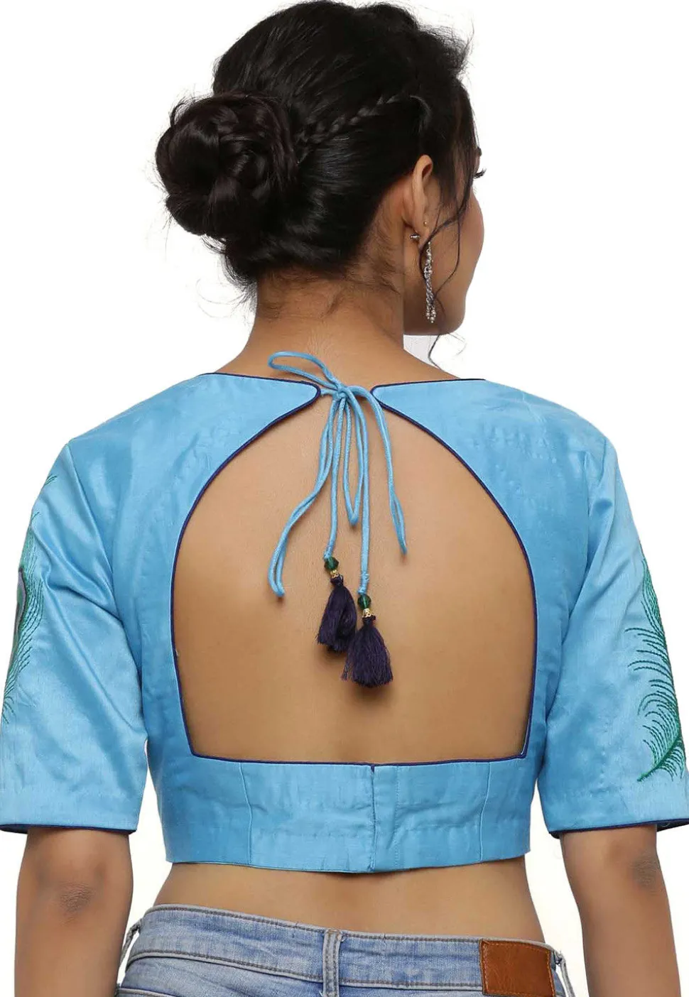 Embroidered Cotton Silk Blouse in Light Blue