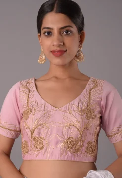 Embroidered Cotton Silk Blouse in Baby Pink