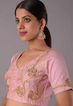 Embroidered Cotton Silk Blouse in Baby Pink