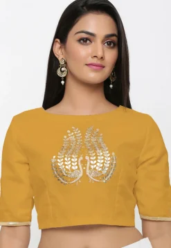 Embroidered Cotton Silk Blouse in Mustard