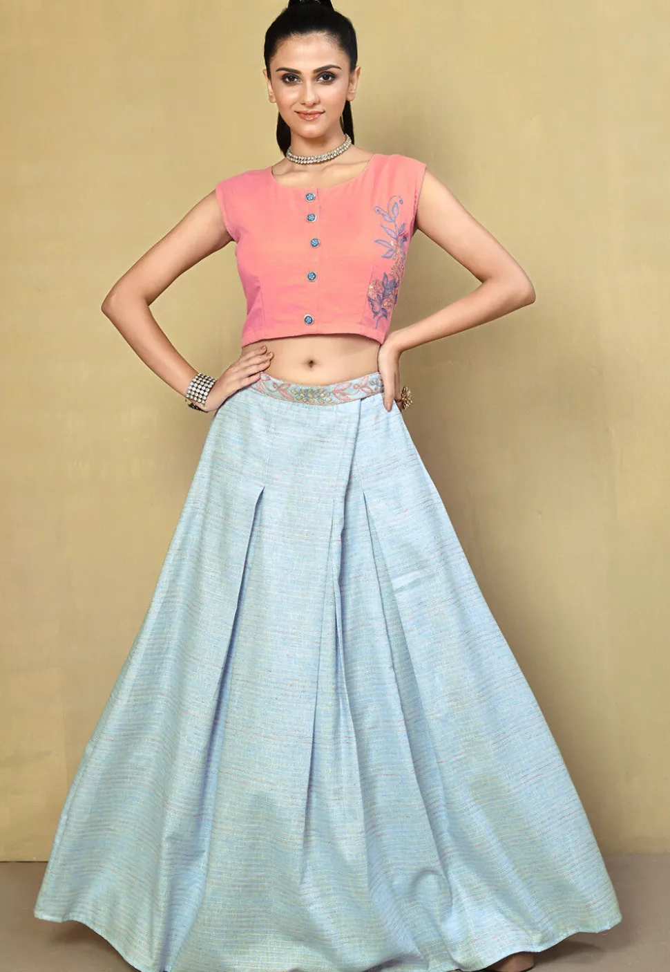 Embroidered Cotton Silk Crop Top Set in Pink