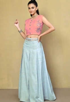 Embroidered Cotton Silk Crop Top Set in Pink